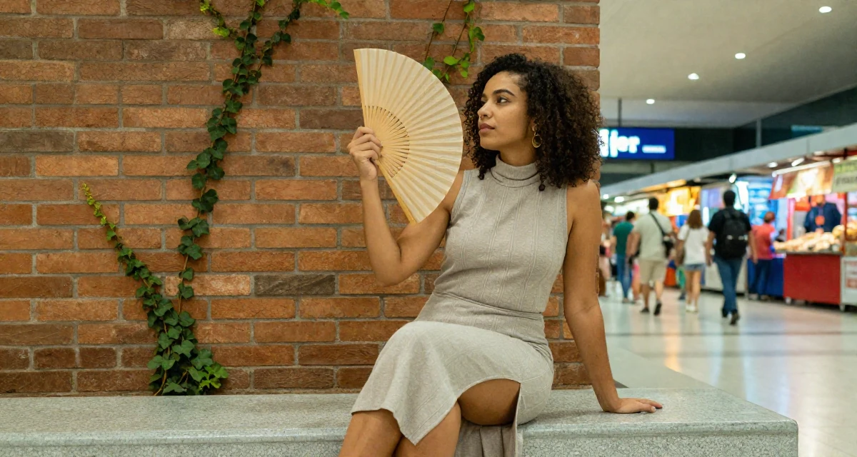 A nostalgic Female From Rio de Janeiro Brazil, majored in public relations in their 25, experimenting with niche themes to stand out, wearing a sleeveless turtleneck dress with high side slits, fanning self with a hand in a airport terminal.