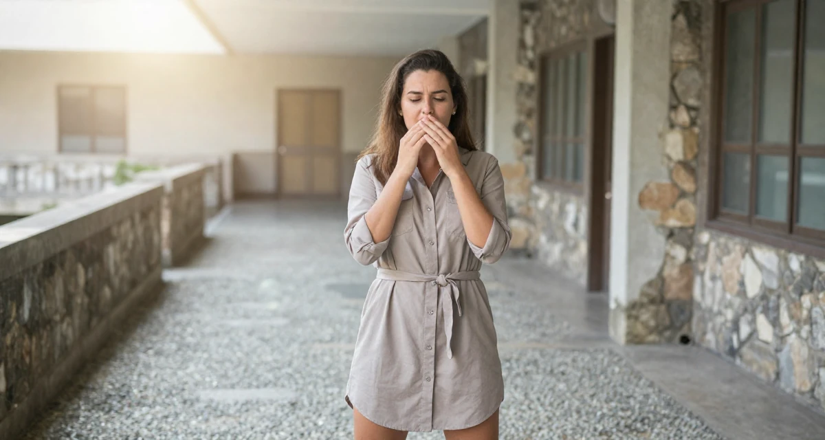 A content Female From Panama, majored in media production in their 22, adjusting to the 9-to-5 routine after college, wearing a belted shirt dress with rolled sleeves, playing with a ring on a finger in a hospital corridor.