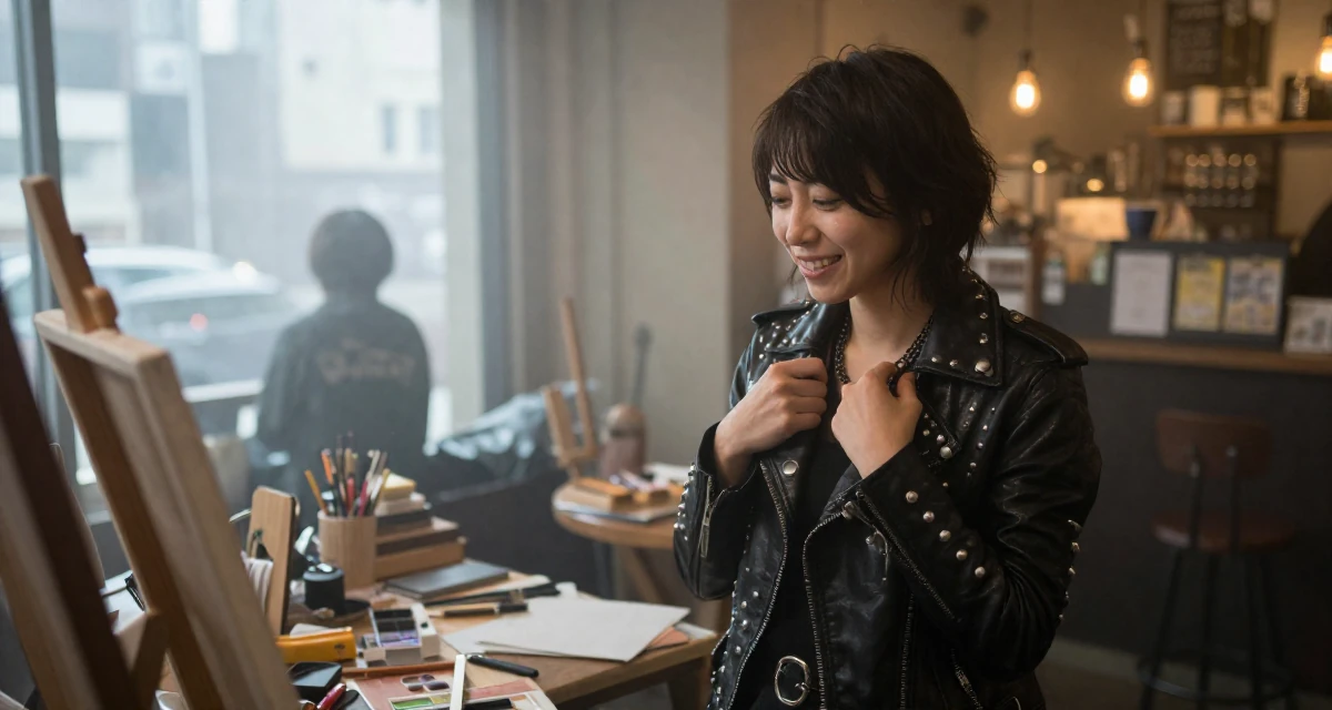 A calmly observant Female From Japan, studied nutrition and food science in their 25, figuring out boundaries while trying small photo sets, wearing a heavy metal rocker outfit with studs and leather, laughing uncontrollably in a messy artist studio.