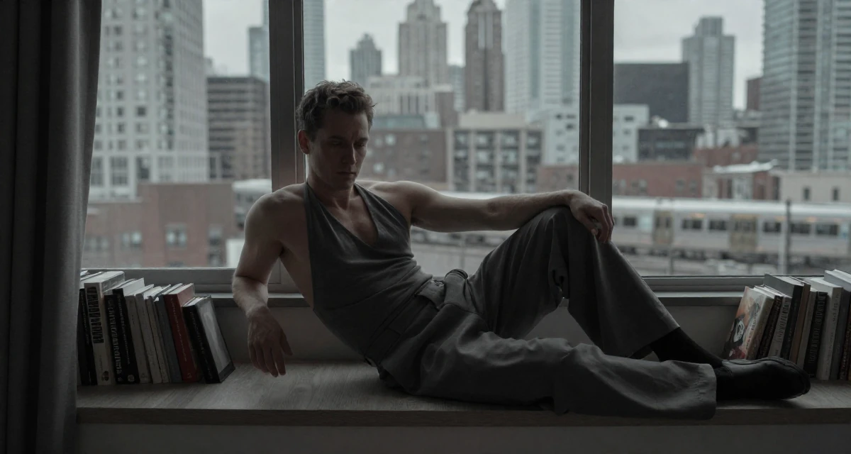 A unbothered male From Toronto Canada, self-taught in boudoir lighting and set styling in their 37, trying to stabilize income, wearing a halter neck top and wide-leg office trousers, stretching arms in a cozy reading nook by a window.