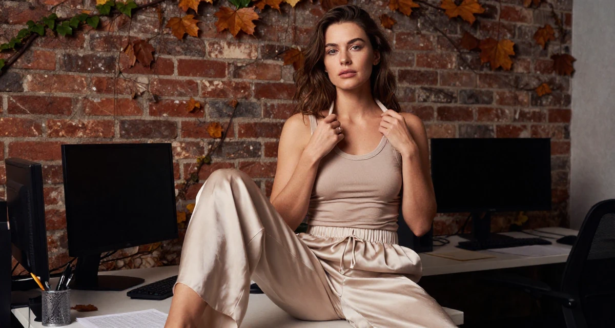 A seductive Female From Finland, majored in educational psychology in their 32, exploring sustainable fashion and ethical living, wearing a loose silk trousers and a fitted tank top, adjusting a collar in a office workspace.