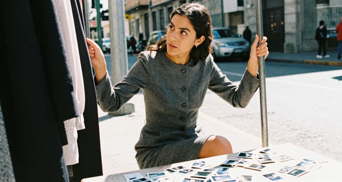 A engrossed Female From Mexico, majored in law in their 22, trying to build a capsule wardrobe on a budget, wearing a grey wool skirt suit with a fitted jacket, grabbing a railing for support in a urban street.
