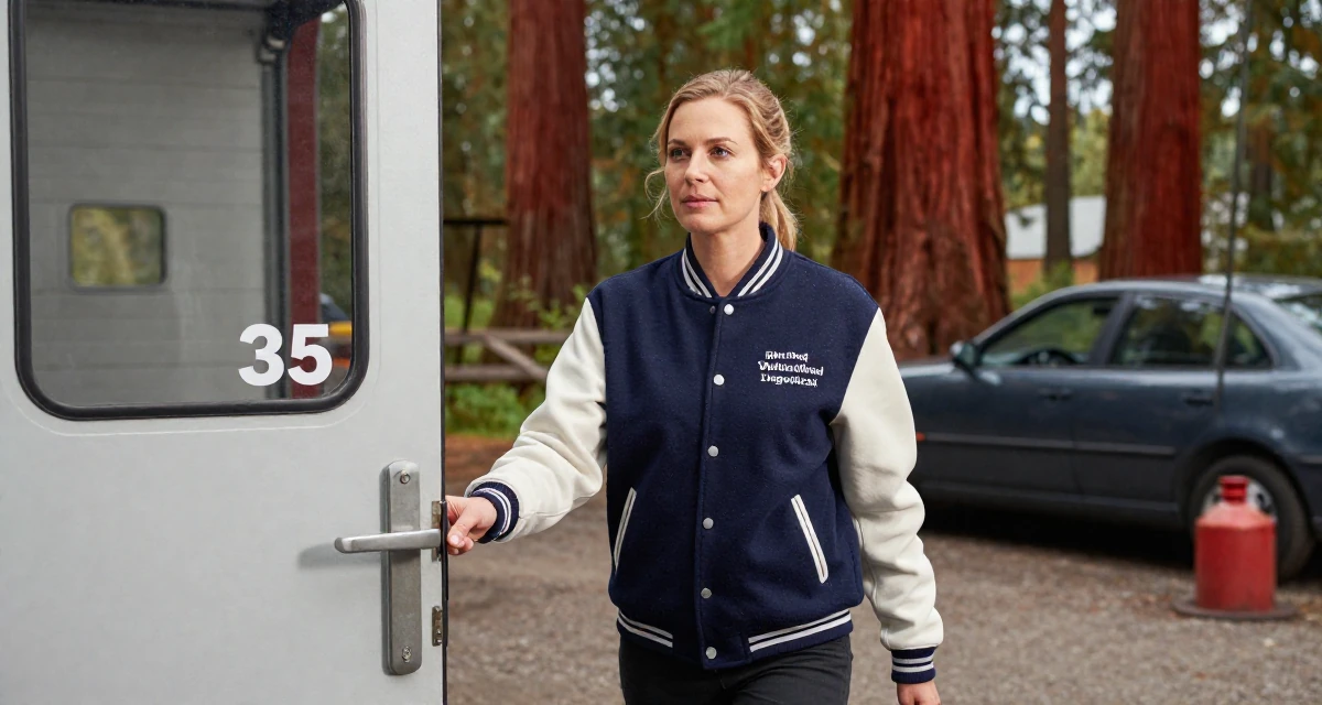 A nostalgic Female From Finland, studied applied linguistics in their 35, celebrating a major career milestone, wearing a casual varsity jacket look, pulling a door open in a mechanic garage.