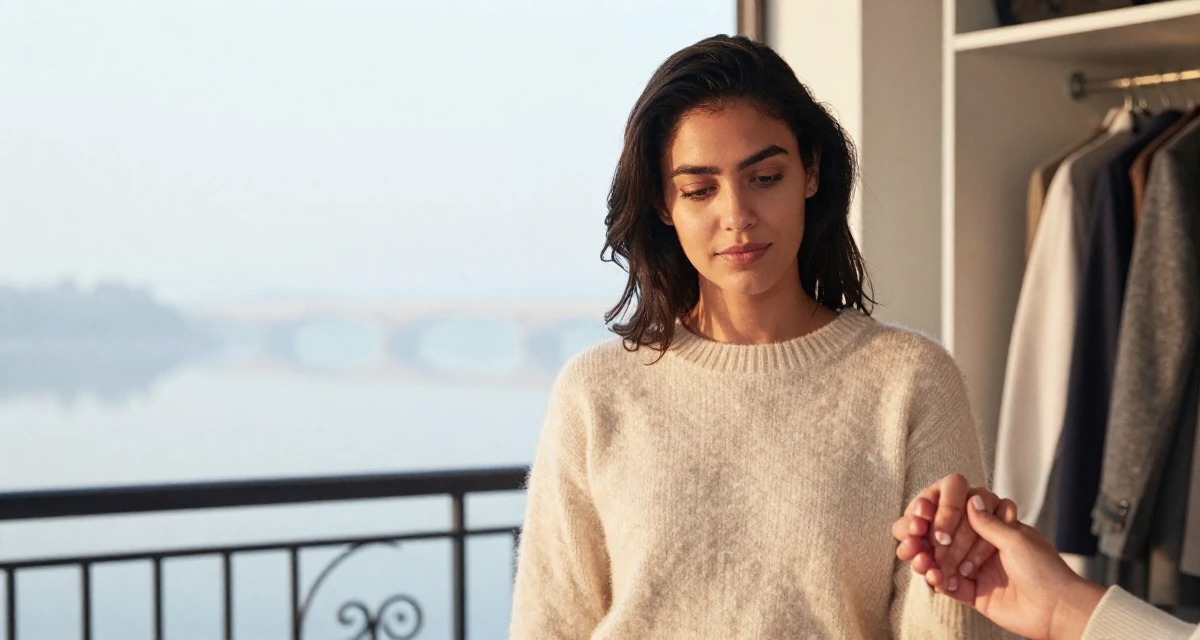 A proud Female Previously a chemistry student, now shooting artistic self-portrait content in their 22, embracing bold concepts while respecting boundaries, wearing a soft cashmere sweater look, holding hands with someone unseen in a walk-in closet.