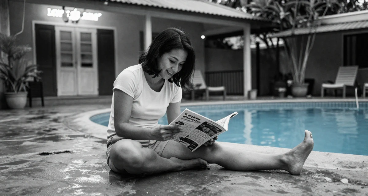 A blissful Female From Cebu Philippines, majored in nursing in their 25, thinking about long-term investments, wearing a minimalist everyday clothing, flipping through a magazine in a front porch.