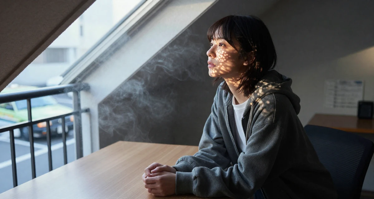 A proud and dignified Female From Japan, studied English literature in their 25, discovering how lighting makes soft sensual vibes pop, wearing a relaxed streetwear, waiting for a taxi in a attic room.