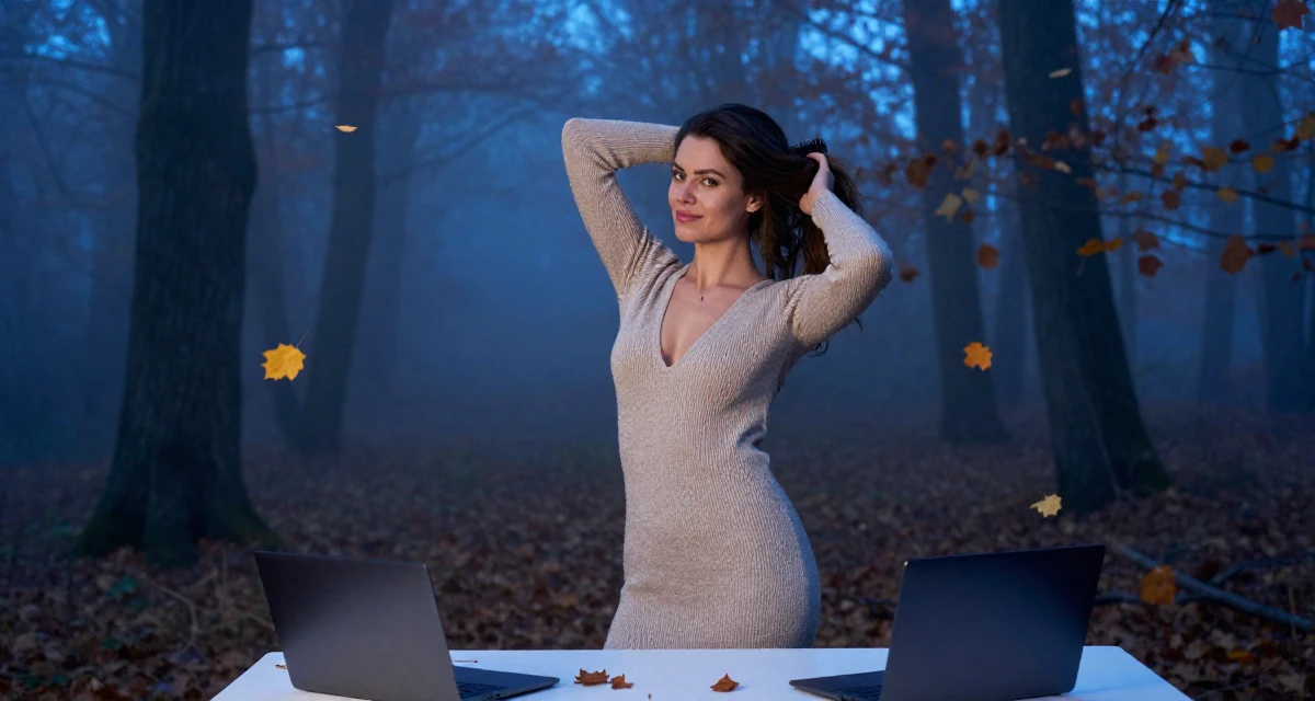 A teasing Female From Warsaw Poland, studied social psychology in their 32, exploring sustainable fashion and ethical living, wearing a soft knit dress with a plunging neckline, brushing hair back in a dense misty forest.