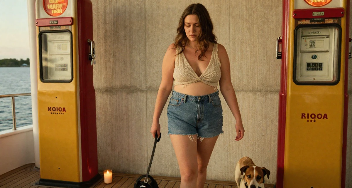 A sentimental Female Once a logistics coordinator, now creating body-positivity material in their 25, managing inconsistent confidence when creating content, wearing a modern grunge aesthetic, walking a dog (leash visible) in a yacht deck.