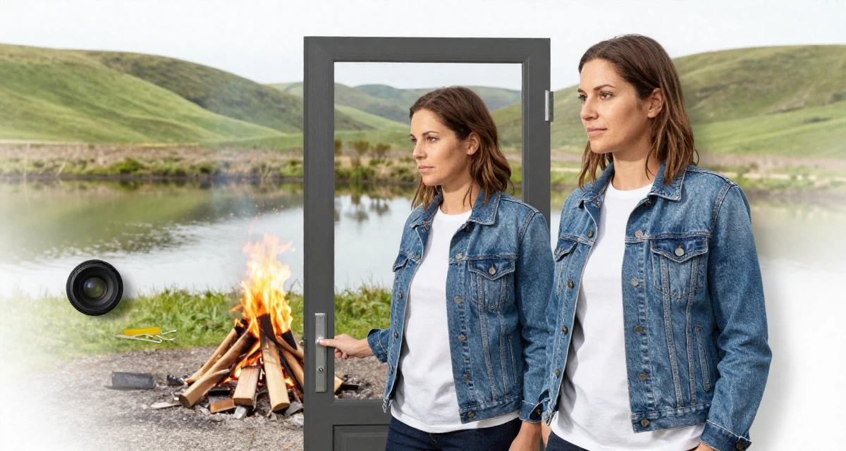 A reflective Female From the Netherlands, studied user experience design in their 30, redefining what success means personally, wearing a classic denim jacket and white tee, opening a door in a campfire circle.