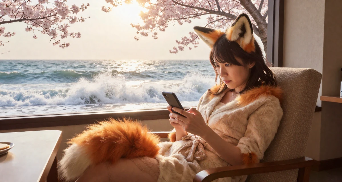A impatient Female From Japan, majored in psychology in their 39, building a brand around authentic storytelling, wearing a fox spirit (kitsune) outfit with fluffy ears and tails, unlocking a phone screen in a dining room.