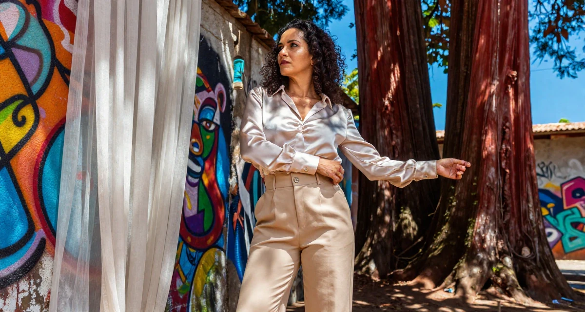 A reflective Female From Brazil, studied fashion merchandising in their 35, glowing with the wisdom of experience, wearing a high-waisted beige trousers and a tucked-in satin blouse, adjusting sleeves in a graffiti art wall.