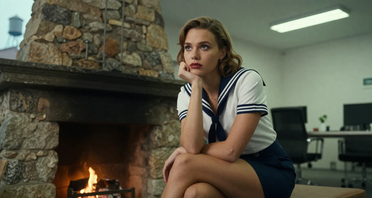 A fearless Female From Sweden, based in Gothenburg, graduated from a design school majoring in motion graphics in their 25, adjusting to newfound independence, wearing a vintage pin-up sailor outfit with high-waisted shorts, resting a chin on a hand in a ancient stone ruins.