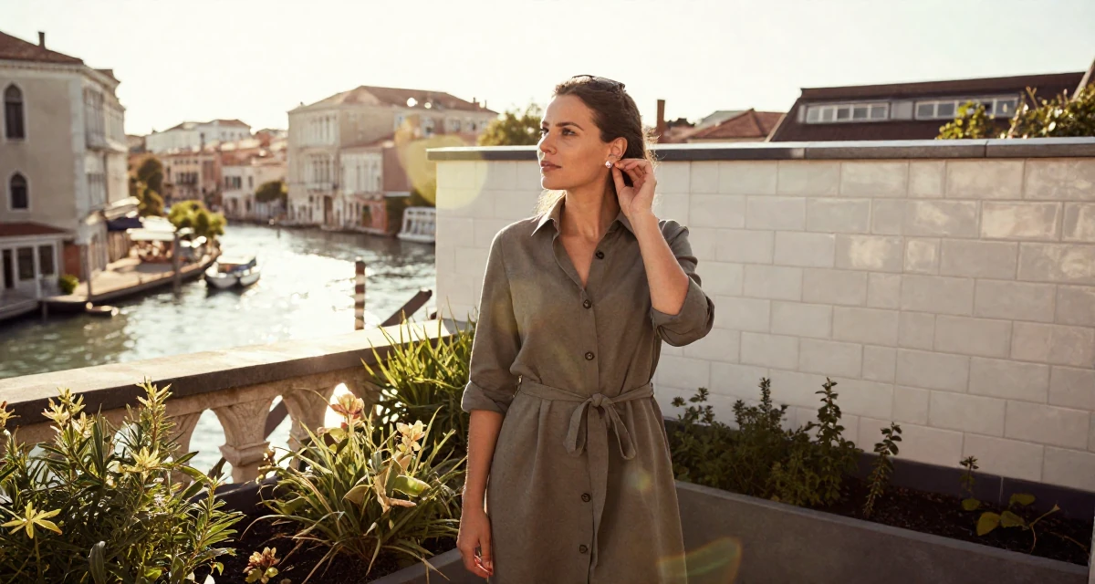 A self-assured Female From Belgium, based in Ghent, graduated from a business school majoring in international marketing in their 31, exploring advanced investment strategies, wearing a belted shirt dress with rolled sleeves, putting on earrings in a rooftop garden.