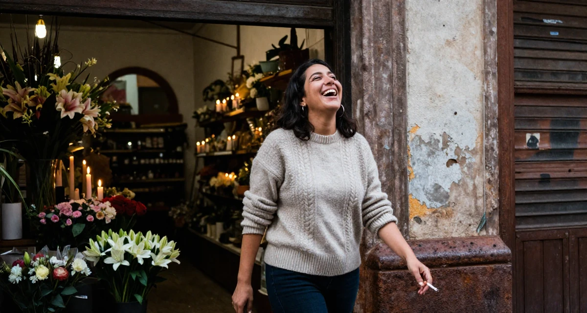 A introspective Female From Guadalajara Mexico, majored in business analytics in their 21, laughing openly with head thrown back, wearing a soft cashmere sweater look, holding a cigarette (lit or unlit) in a flower shop.