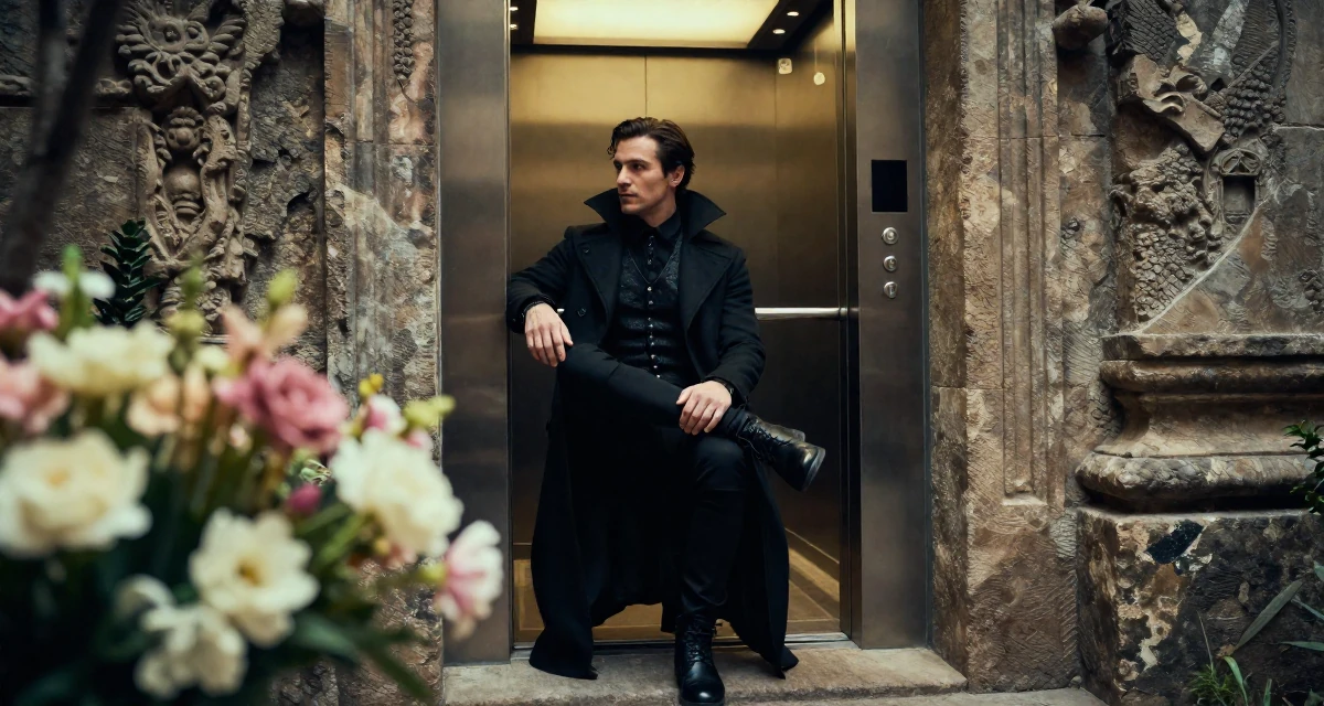 A sophisticated male From USA, trained as a yoga instructor in their 47, solo traveler exploring the world in luxury, wearing a gothic vampire hunter outfit with a long coat, stepping onto a curb in a elevator hall.