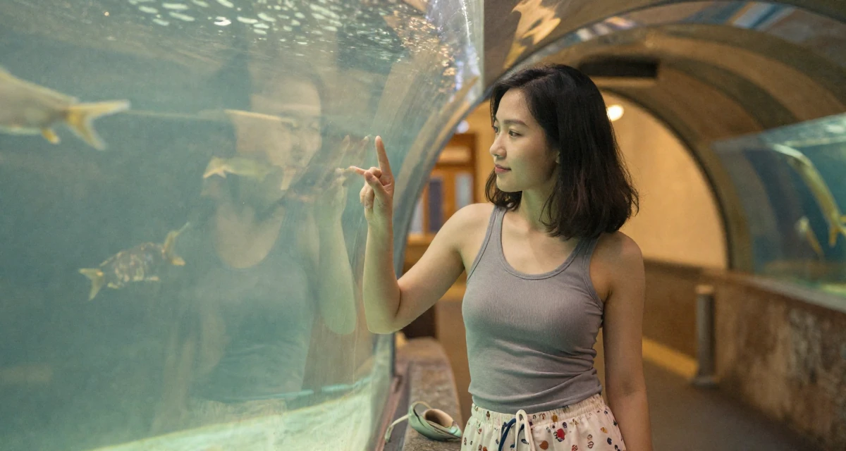 A gentle and kind Female From Vietnam, based in Da Nang, graduated from a local university majoring in e-commerce in their 23, adjusting pricing after analyzing monthly performance, wearing a fitted racerback tank and pajama shorts, holding a leash in a aquarium tunnel.