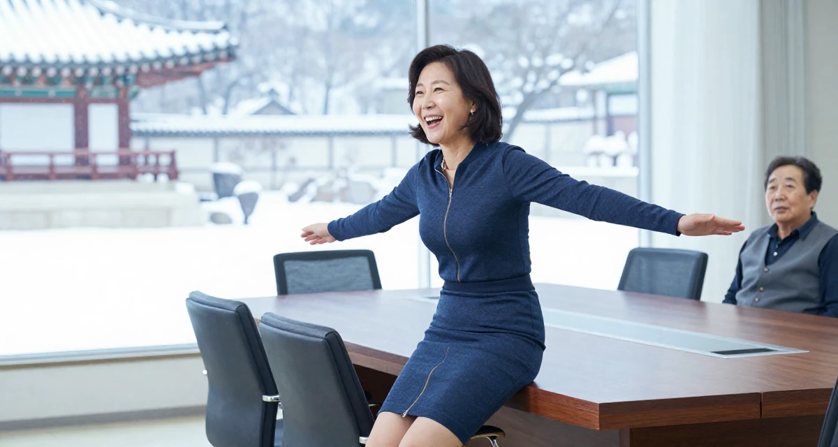 A ecstatic Female From South Korea, trained in broadcasting and media in their 40, supporting aging parents, wearing a pencil skirt with a zipper detail, shifting weight impatiently in a gym interior.