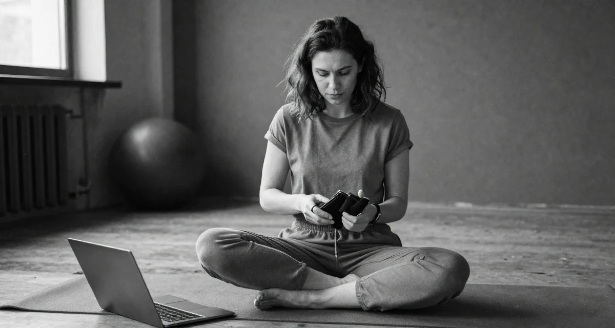 A reassured Female Born in Ukraine, majored in creative communication in their 38, sharing tips for effective remote work, wearing a muted earth-tone clothing set, checking a wallet in a yoga studio.