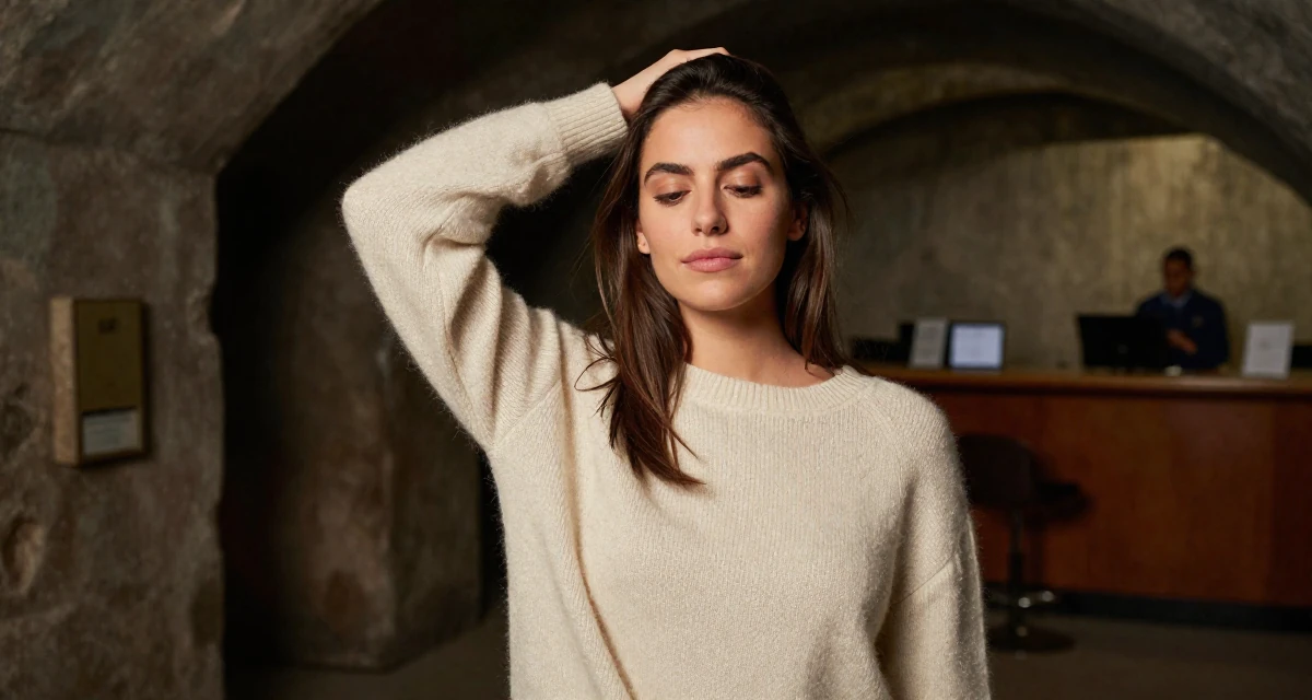 A serene and peaceful Female From Nicaragua, majored in sports science in their 20, trying to balance academic pressure and social life, wearing a soft cashmere sweater worn with nothing visible underneath, pointing at something nearby in a dungeon cell.
