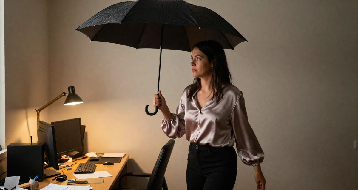 A pensive Female From Nicaragua, majored in sports science in their 37, trying to stabilize income, wearing a silk blouse with oversized cuffs, shaking rain off an umbrella in a messy desk.