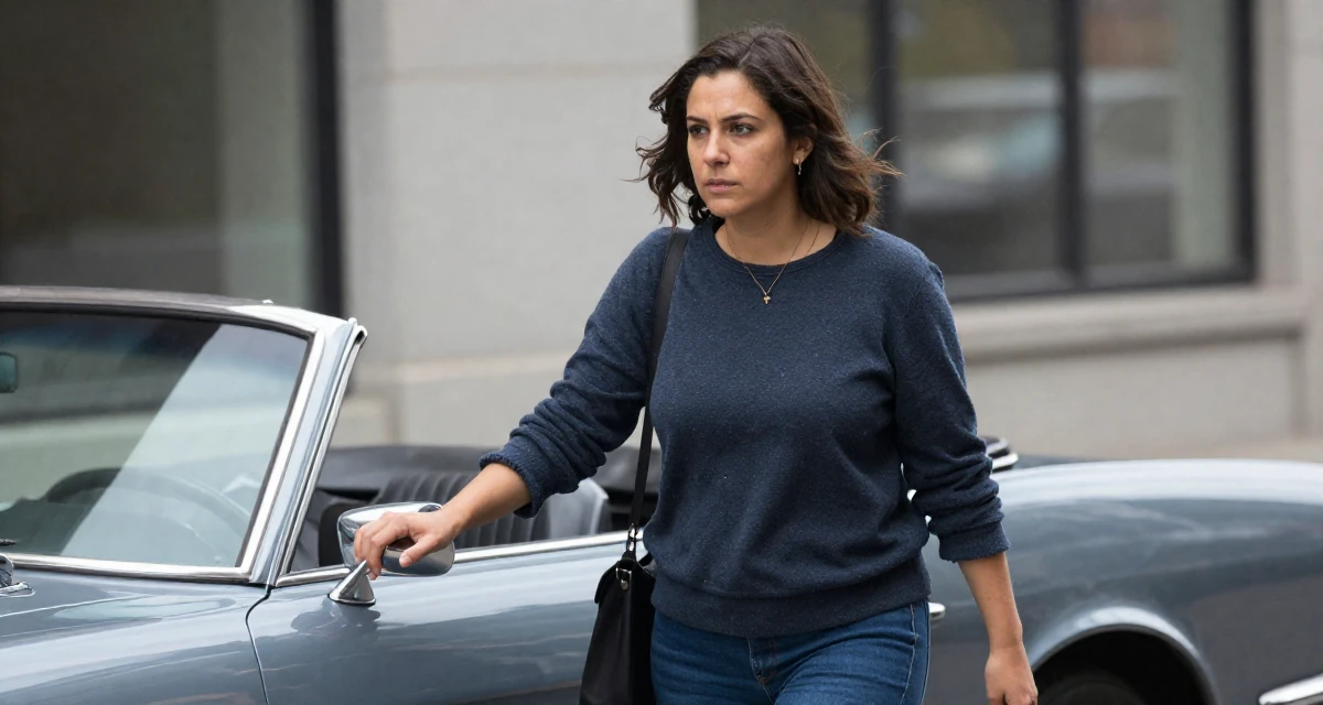 A resilient Female From Canada, majored in english and creative writing in their 25, learning how poses can feel powerful instead of scary, wearing a comfortable urban casual outfit, holding a railing in a vintage convertible car.