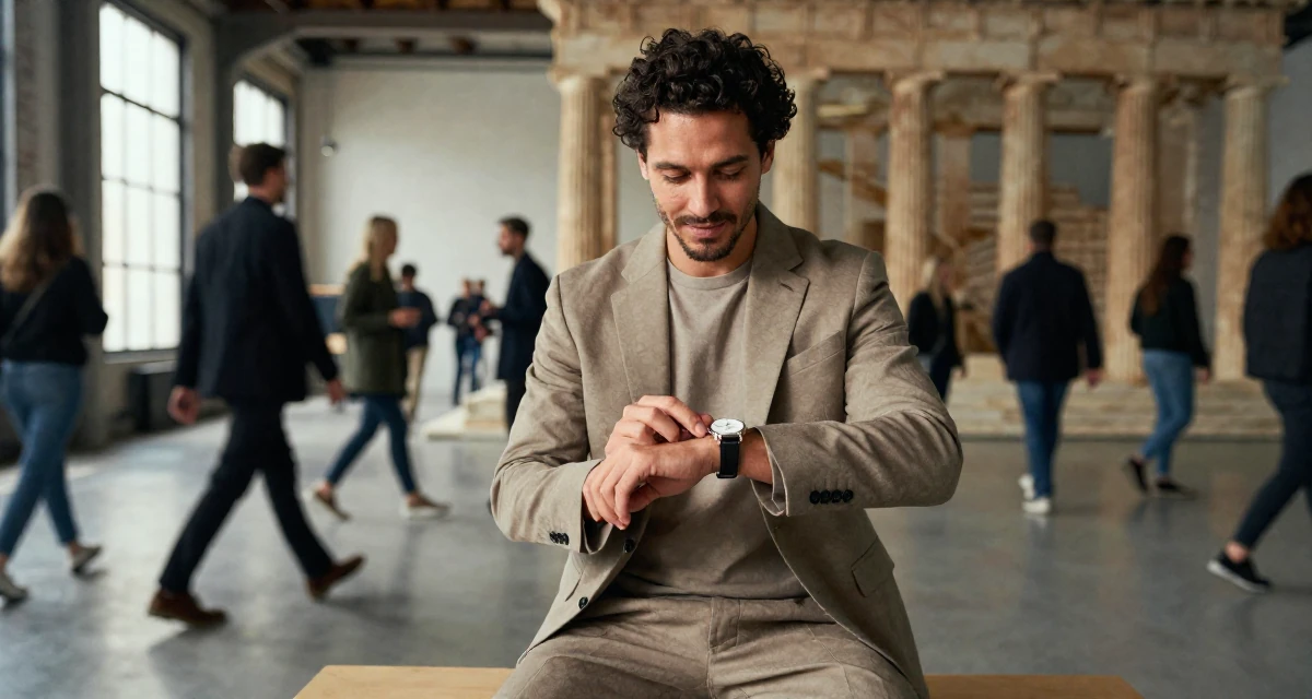 A victorious male From France, majored in cinema studies in their 46, sharing elegant fashion tips for the office, wearing a muted earth-tone clothing set, checking a wristwatch in a industrial loft.