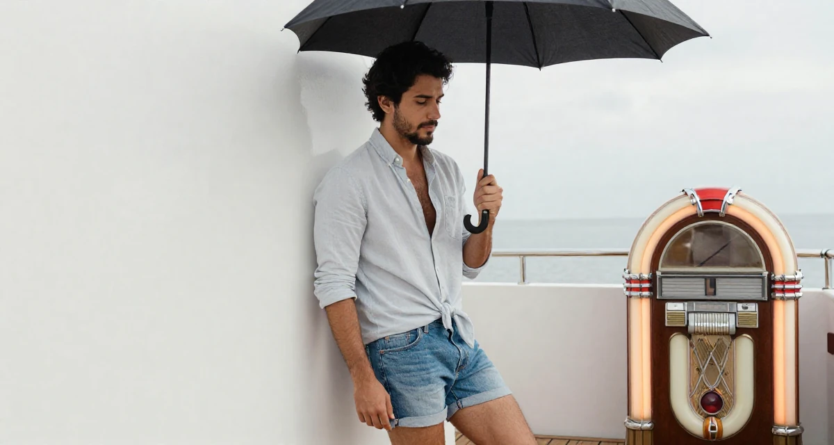 A emotional male From Paraguay, majored in accounting in their 25, discovering how lighting makes soft sensual vibes pop, wearing a button-down shirt tied at the waist and denim cutoffs, holding an umbrella in a yacht deck.