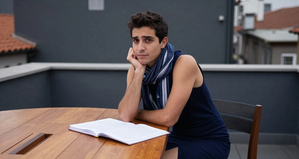 A solemn but kind male From Portugal, studied marine sciences in their 25, balancing school assignments with content ideas, wearing a navy blue pencil skirt with a back slit, wrapping a scarf around the neck in a rooftop terrace.