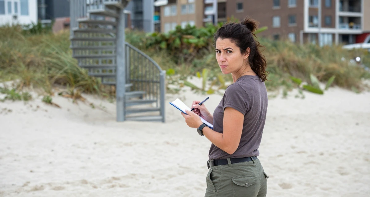A pouting Female From Rotterdam Netherlands, majored in logistics management in their 45, exploring hobbies neglected during younger years, wearing a simple t-shirt and cargo pants, holding a pen poised to write in a tropical white sand beach.