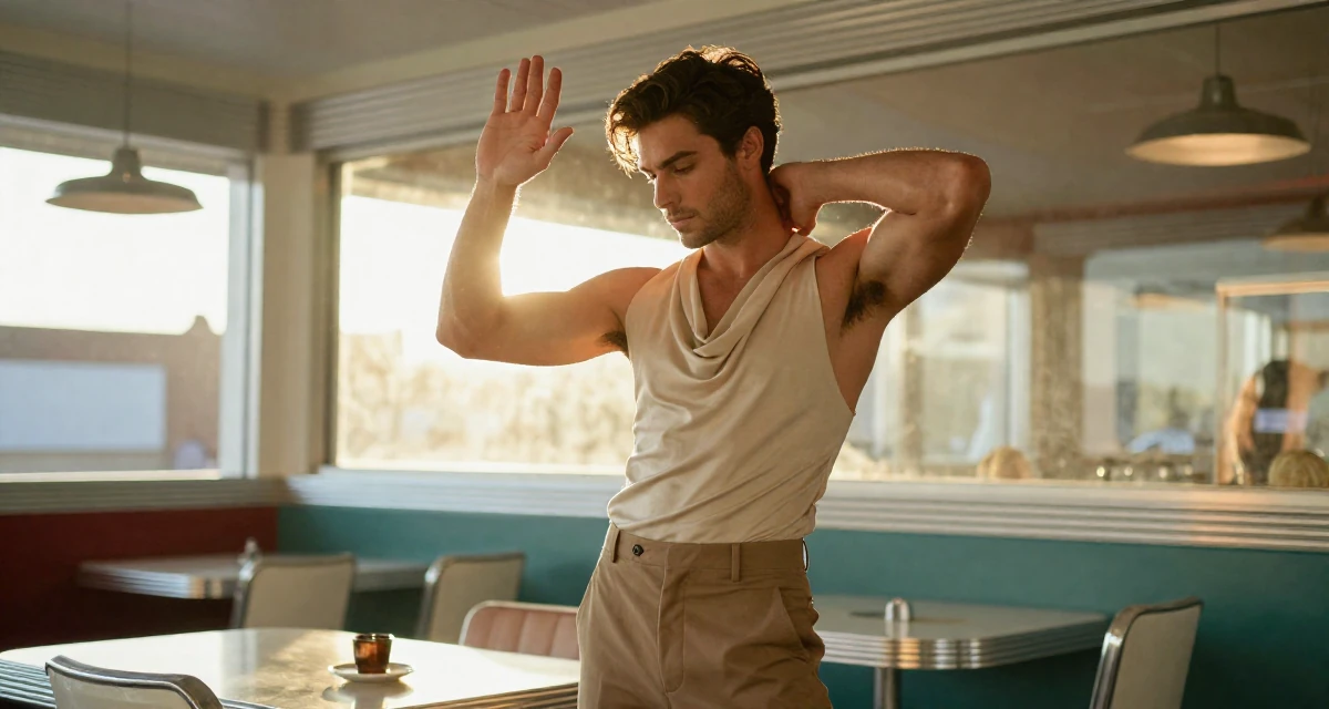 A sultry male From Toronto Canada, self-taught in boudoir lighting and set styling in their 23, adjusting pricing after analyzing monthly performance, wearing a draped neckline top and fitted slacks, stretching the neck in a retro 50s diner.