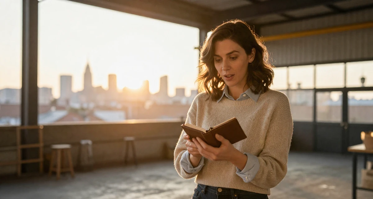 A eager Female Once a warehouse picker, now building a creator brand from scratch in their 42, expert in holistic health and herbalism, wearing a cropped sweater over a collared shirt, checking a wallet in a industrial warehouse.