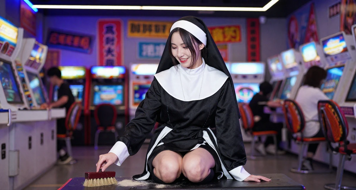 A delighted Female Born Chinese-speaking regions, studied strategic communication in their 32, finding confidence in a leadership role, wearing a gothic nun habit with a modified short skirt, brushing off dust in a arcade room with neon lights.