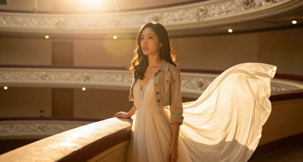 A open and honest Female From Manila Philippines, studied mass communication in their 34, taking care of pets and household, wearing a ethereal spirit dress made of flowing sheer chiffon, buttoning a jacket in a opera house balcony.