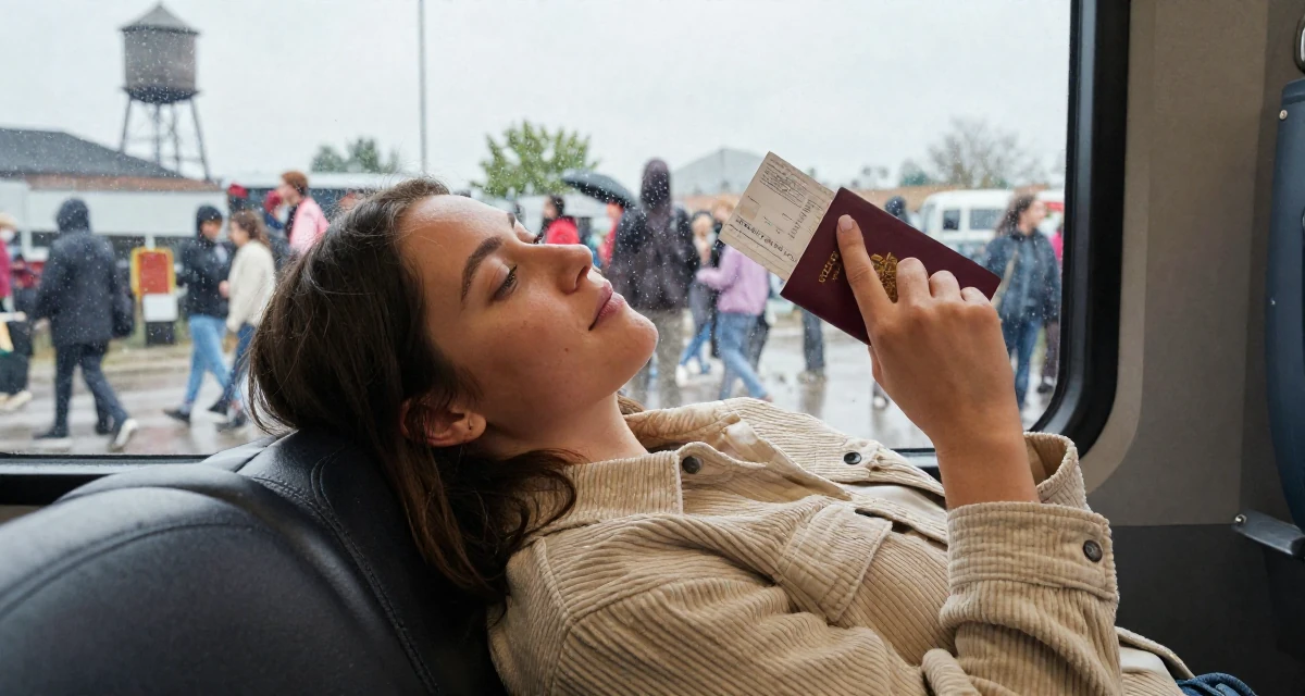 A reassured Female Once a gamer girl streamer, now expanding into lifestyle creator work in their 22, managing emotional whiplash from fluctuating subscriber counts, wearing a soft texture corduroy jacket, holding a passport or ticket in a rainy window seat.