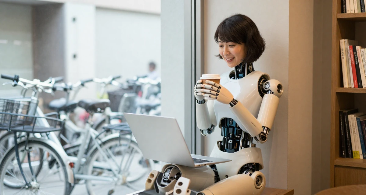 A joyful Female From Japan, majored in psychology in their 30, freelancing after a layoff, wearing a cybernetic doll outfit with porcelain-like skin textures, holding a coffee cup with both hands in a cozy reading nook by a window.