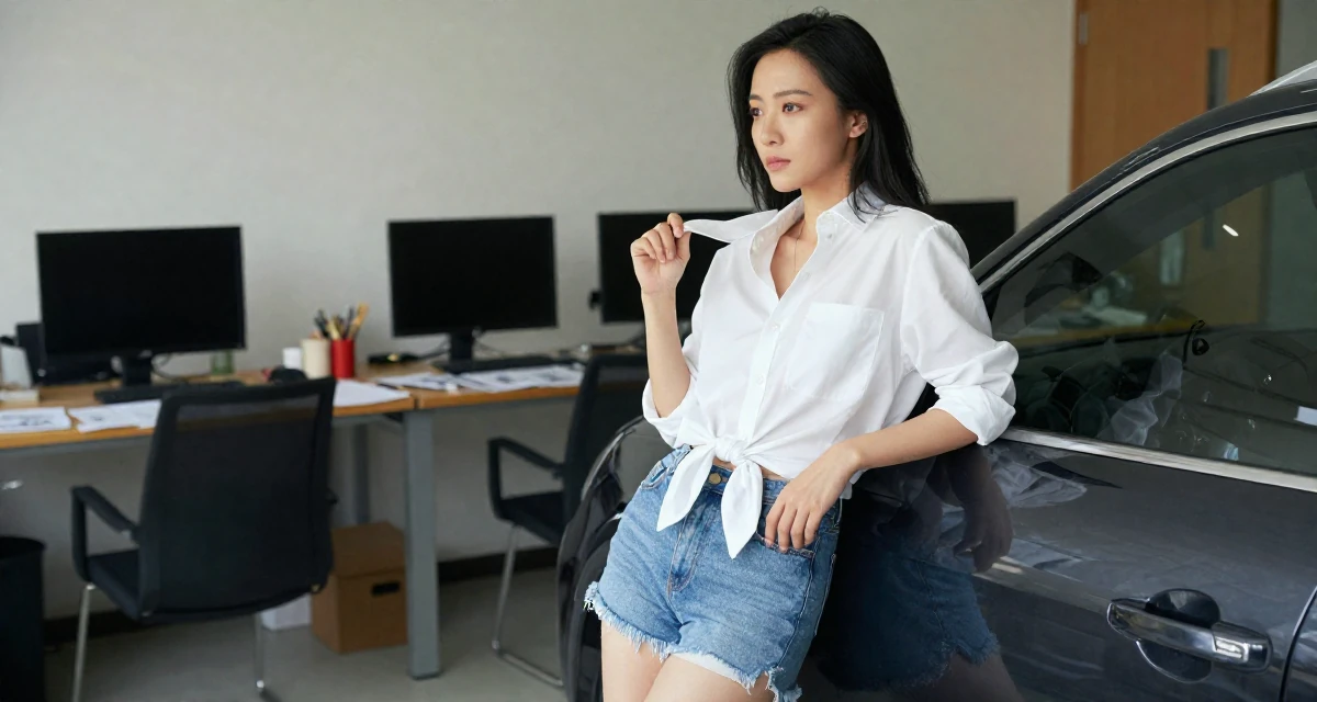 A dazed Female From China, studied computer graphics in their 28, cultivating a sophisticated taste in art, wearing a button-down shirt tied at the waist and denim cutoffs, gripping a lapel in a waiting room.