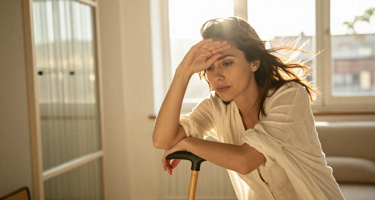 A exhausted Female Former swim instructor, now producing sun-soaked lifestyle content in their 29, solidifying professional reputation, wearing a light and airy spring attire, shielding face from the wind in a home interior.
