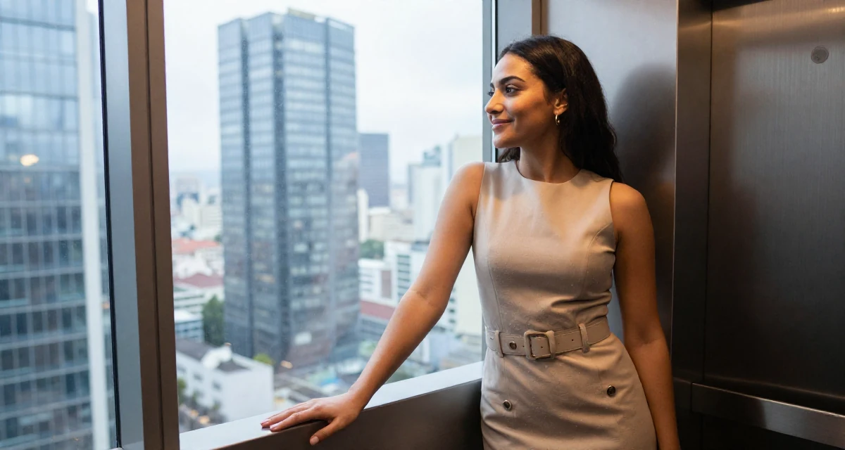 A satisfied Female From Portugal, studied marine sciences in their 27, experimenting with new content formats, wearing a fitted sleeveless shift dress with a belt, looking out the window in a elevator hall.