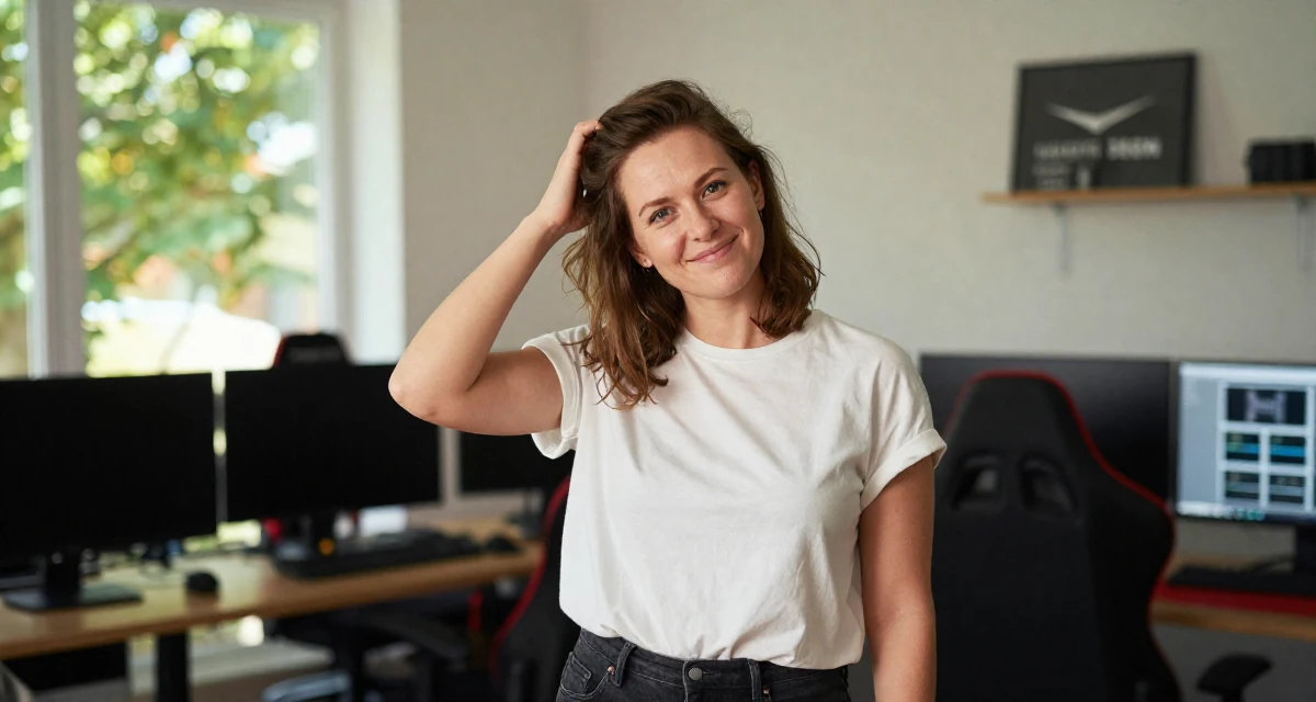 A happy Female From Denmark, based in Aarhus, graduated from a media institute majoring in branding in their 36, pivoting career paths completely, wearing a minimalist everyday clothing, scratching a head lightly in a gaming room.