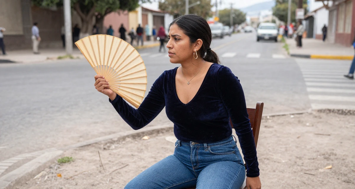 A wistful Female From Mexico, based in Monterrey, graduated from a private university majoring in communication studies in their 49, preparing for a spiritual pilgrimage, wearing a velvet bodysuit and high-waisted mom jeans, fanning self with a hand in a busy intersection.