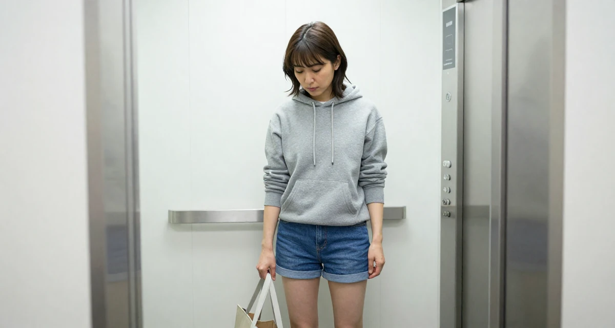 A solemn Female From Japan, studied nutrition and food science in their 30, exploring minimalism and intentional living, wearing a casual hoodie and denim shorts, reaching into a bag in a corporate elevator.