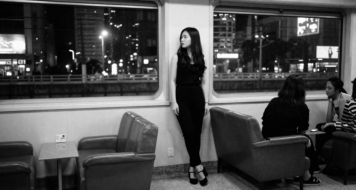 A melancholic yet beautiful Female From Vietnam, based in Da Nang, graduated from a local university majoring in e-commerce in their 20, feeling invincible on a night out with friends, wearing a monochromatic black outfit, tapping a foot rhythmically in a subway platform.