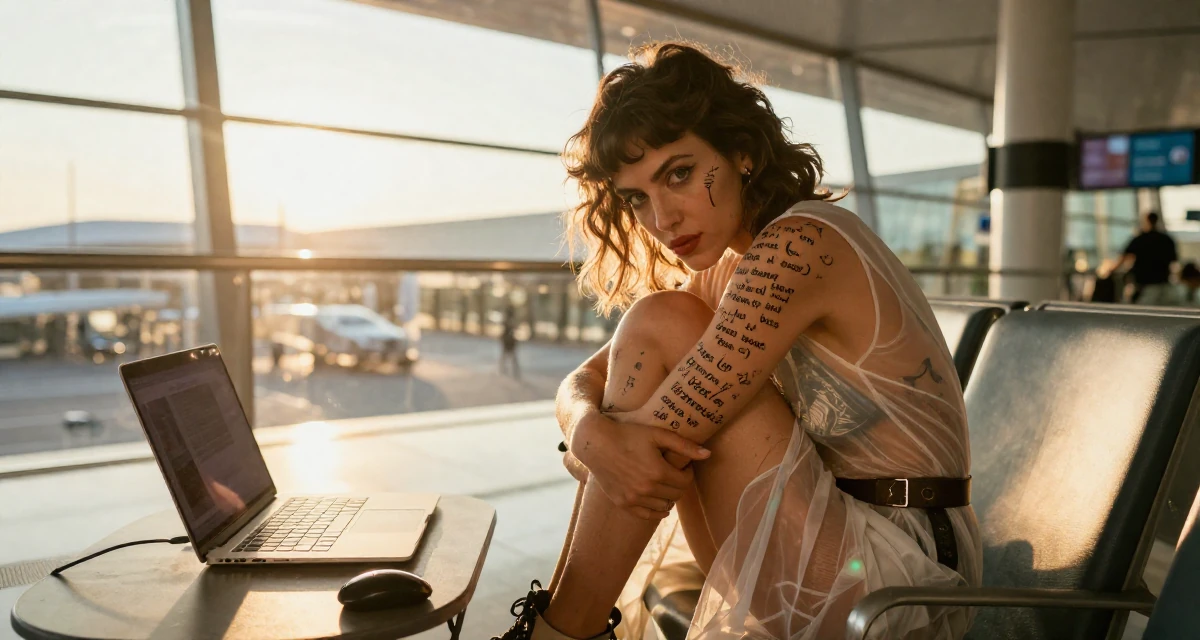 A bold and charismatic Female From Berlin Germany, explored body art and alternative fashion scenes in their 35, sharing the journey of learning a new language, wearing a semi-transparent beach cover-up dress, adjusting a belt in a airport terminal.