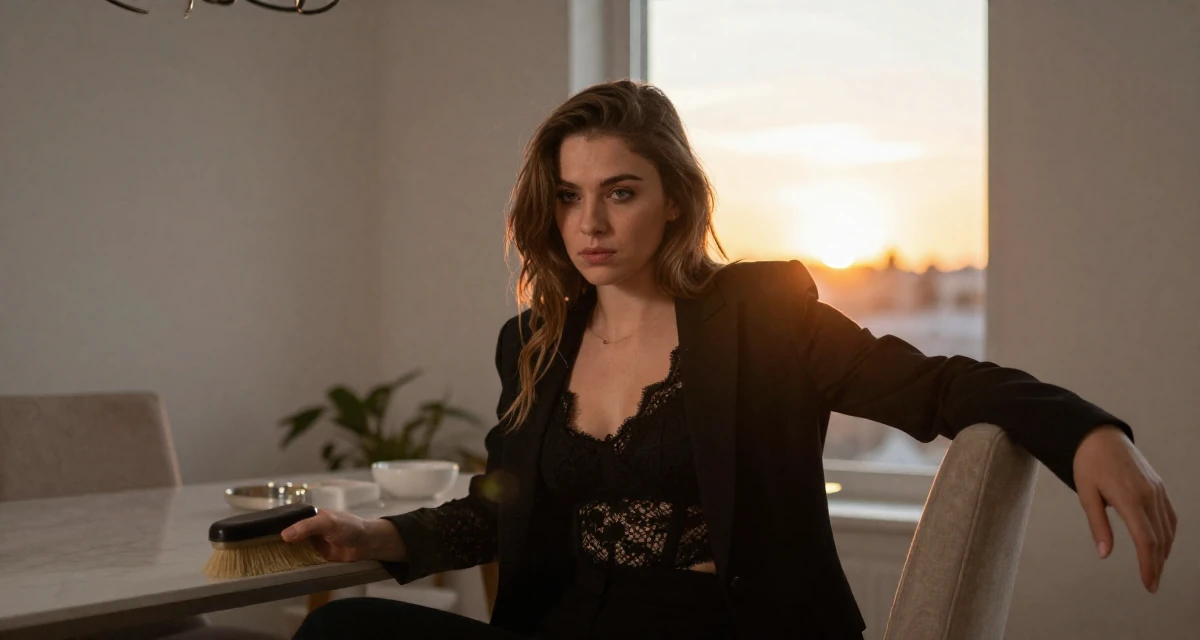 A lonely Female Former fashion retail worker, now curating premium outfit inspiration in their 25, learning how poses can feel powerful instead of scary, wearing a black lace top under a business suit, brushing off dust in a dining room.