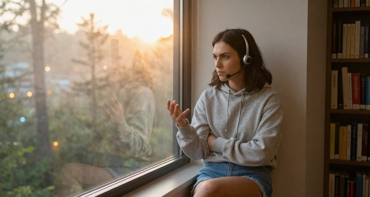 A defiant Female Former call-center worker, now crafting confidence-centric creator content in their 25, realizing no one teaches emotional labor in creator work, wearing a casual hoodie and denim shorts, checking a reflection in a window in a quiet library corner.