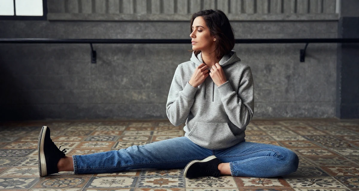 A thoughtful Female From UK, trained in musical theatre in their 39, sharing meditation and stress-relief techniques, wearing a classic grey hoodie and jeans, fixing a collar in a industrial loft.