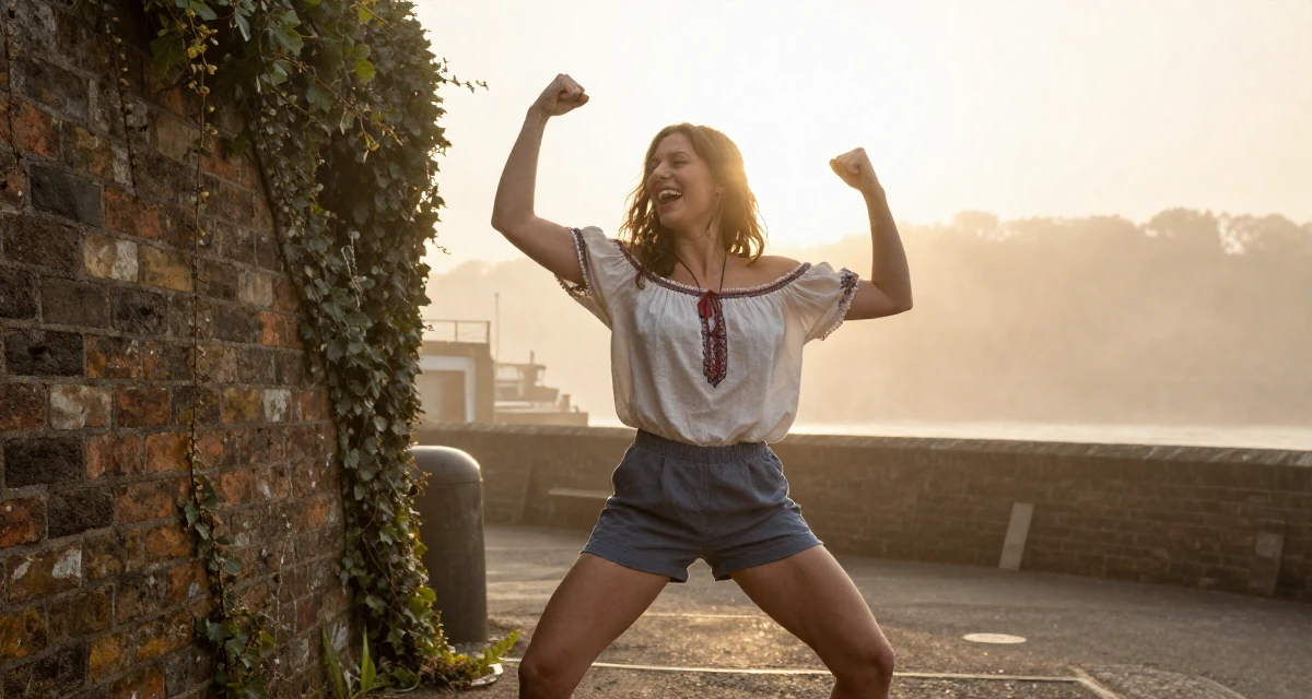 A relaxed Female From UK, trained in musical theatre in their 32, finding confidence in a leadership role, wearing a boho style off-shoulder peasant top and shorts, laughing uncontrollably in a foggy harbor.