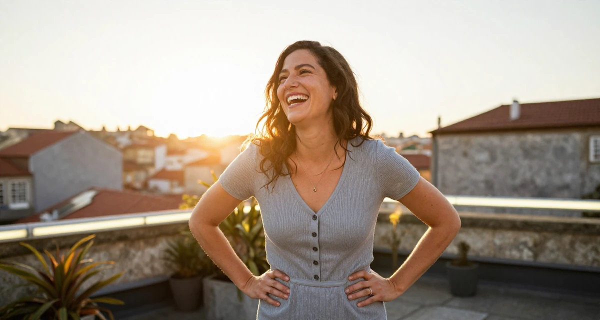 A soft Female From Porto Portugal, studied event management in their 25, thinking about long-term investments, wearing a ribbed cotton dress with buttons down the front, laughing uncontrollably in a rooftop garden.