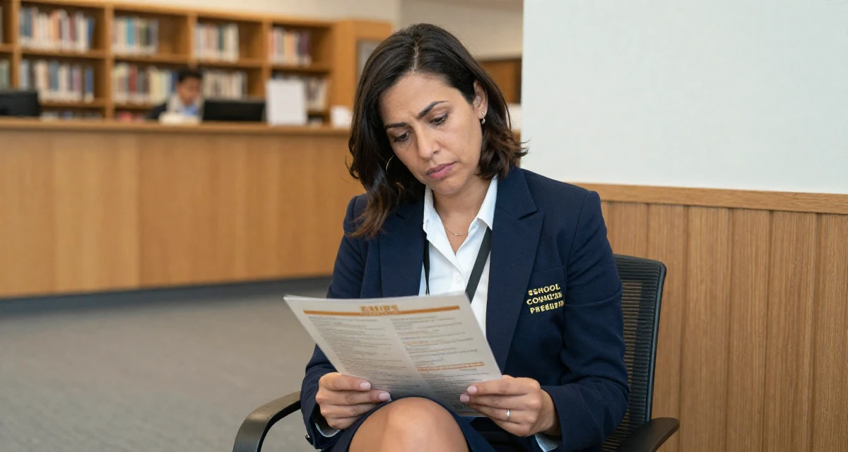 A dazed Female Former sales rep, now leveraging charisma for digital storytelling in their 43, passionate about organic gardening and cooking, wearing a school council president uniform with a blazer, looking at a menu in a quiet library corner.