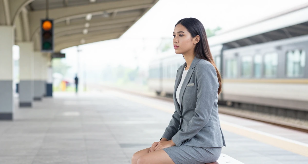 A guarded Female From the Philippines, based in Davao, graduated from a communication program majoring in fan engagement dynamics in their 22, managing new financial responsibilities, wearing a tailored shorts suit with a matching jacket, waiting for a light to change in a train platform.